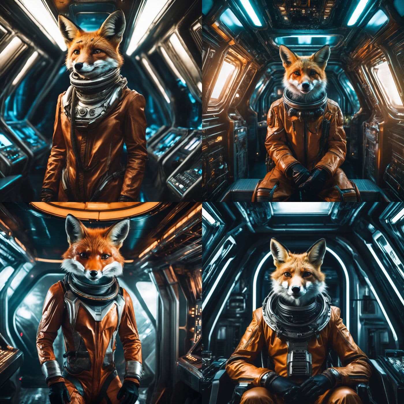 Kollage von 4 KI-Bilder, die bei einem Prompt rausgekommen sind - sie zeigen einen Fuchs im Raumschiff
