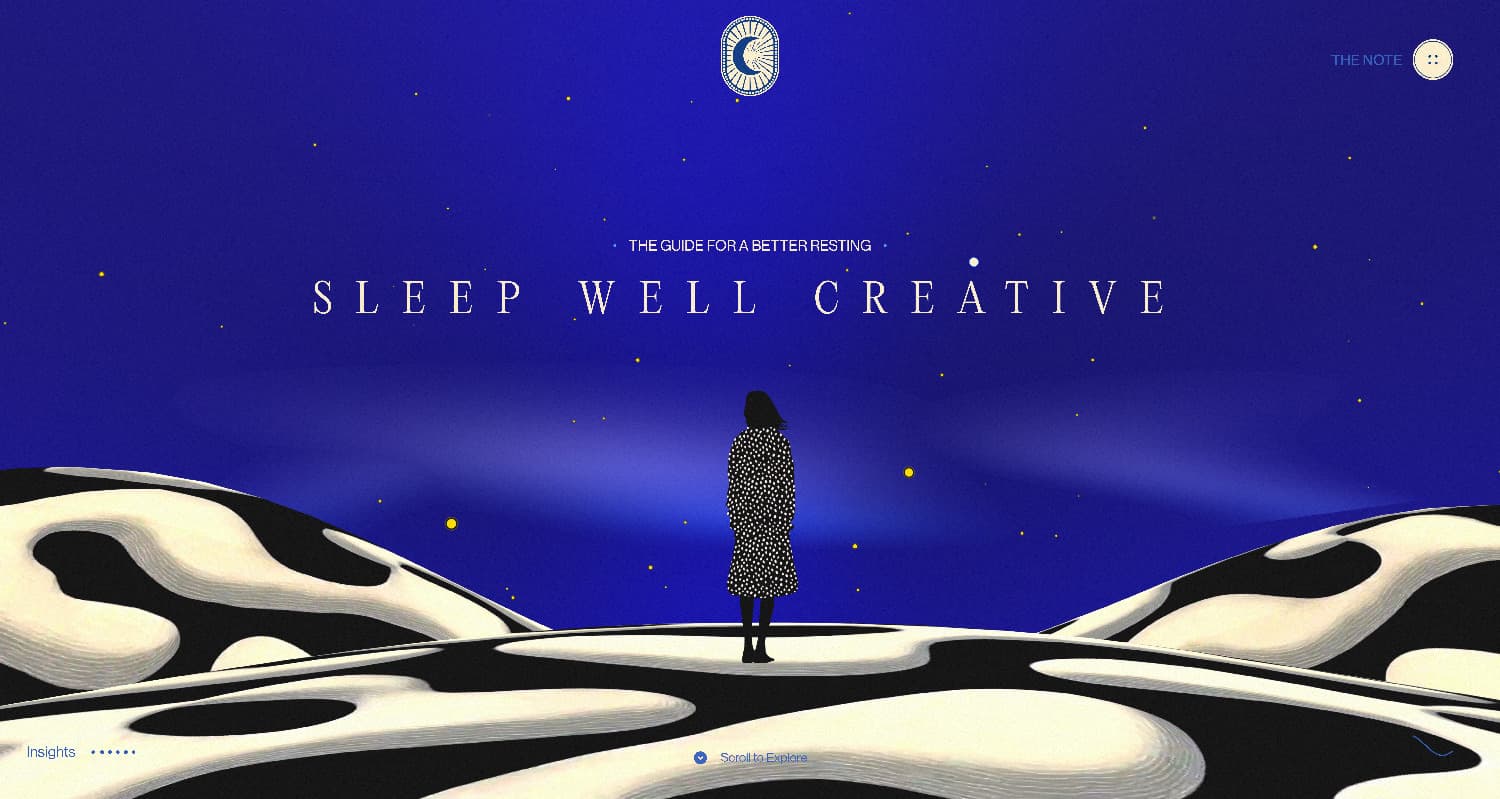 Blaue Farbpalette am Beispiel der im Screenshot zu sehenden Website 'SLEEP WELL CREATIVE': Ein tiefblauer Nachthimmel mit dezenten Sternen über einer surrealen, schwarz-weiß gemusterten Hügellandschaft. Die kühlen Blautöne vermitteln Ruhe und Fokus