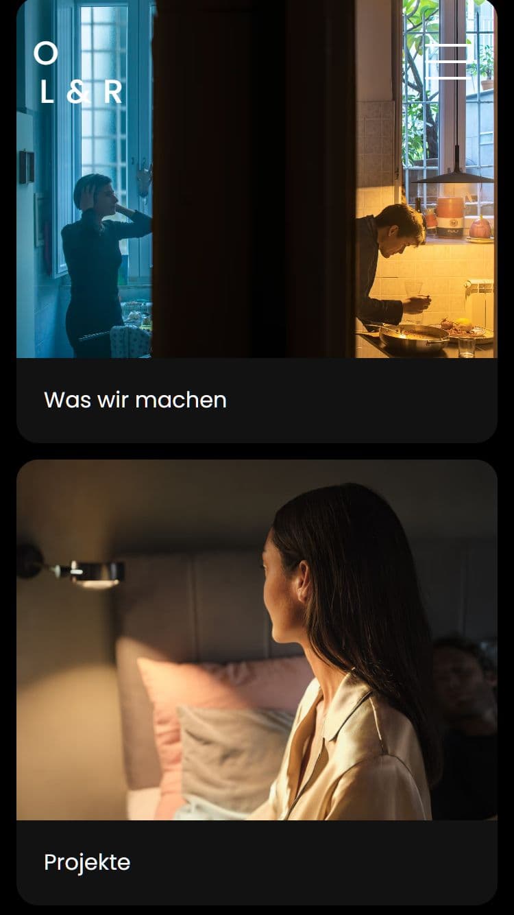 Mobile Ansicht der Navigation am Ende jeder Seite der Webdesign Referenz 'Objekte Licht & Raum' als Beispiel für die einfache und visuell unterstützte Navigation der Website