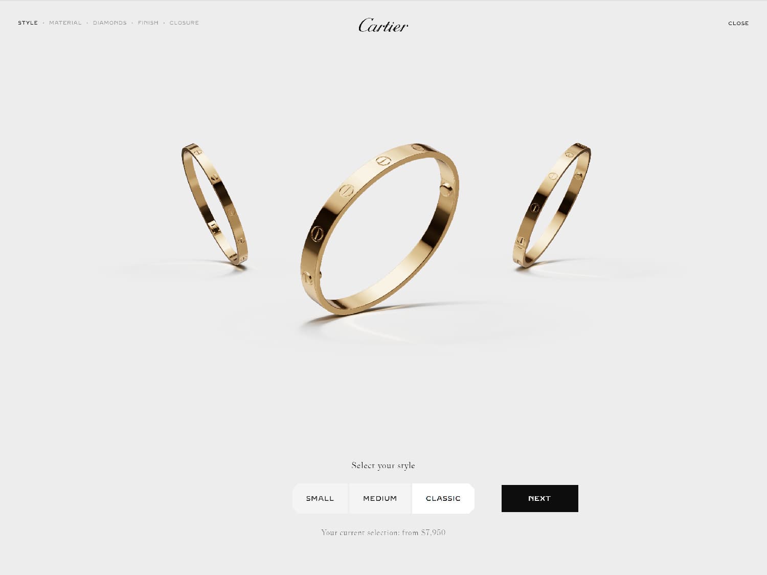 Screenshot der Cartier-Website zur Analyse der Farbgebung: Ein minimalistisches, hellgraues Design, das goldene Armreifen durch hohen Kontrast und viel Weißraum edel in Szene setzt.