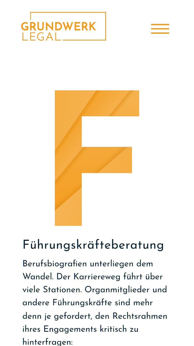 Mobile Ansicht der Leistungsseite der Webdesign Referenz Grundwerk Legal als Beispiel für das starke Branding im Rahmen des Webdesigns