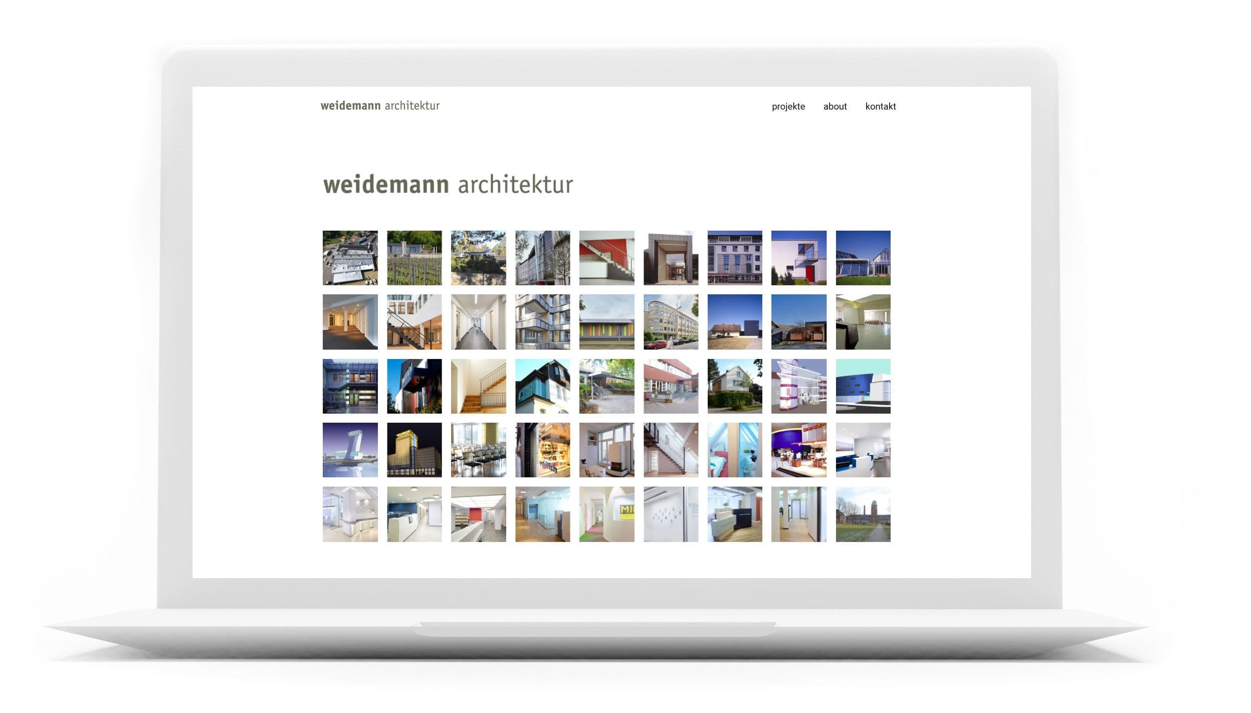 Website Referenz - Portfolio-Website für ein Architekturbüro mit einer Projektgalerie mit kleinen quadratischen Bildern, die neugierig machen