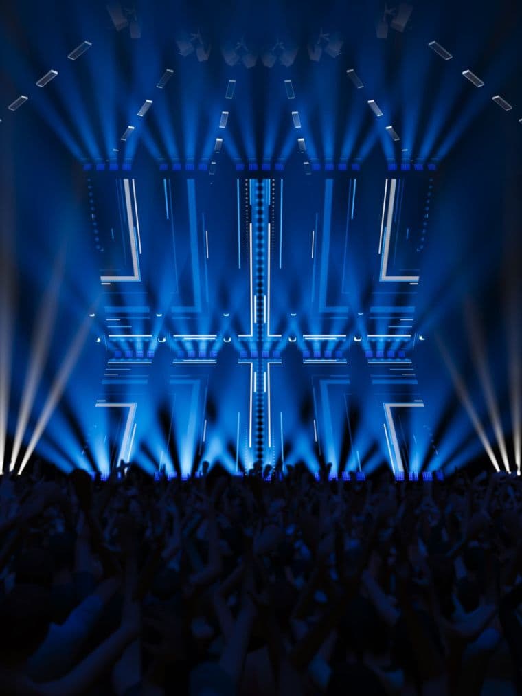 Ein Rendering einer Eventszene mit Fokus auf das Lichtdesign aus dem Referenzprojekt Light Art Studios als Beispiel für die hochwertige Bildwelt des Webdesigns