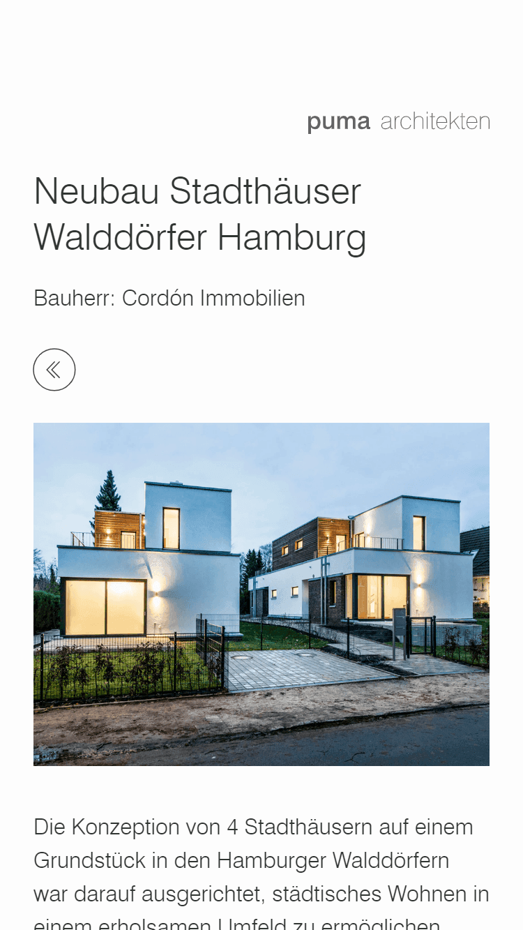 Mobile Ansicht einer Projekteinzelseite mit Architekturfotografie aus dem Referenzprojekt 'puma architekten'