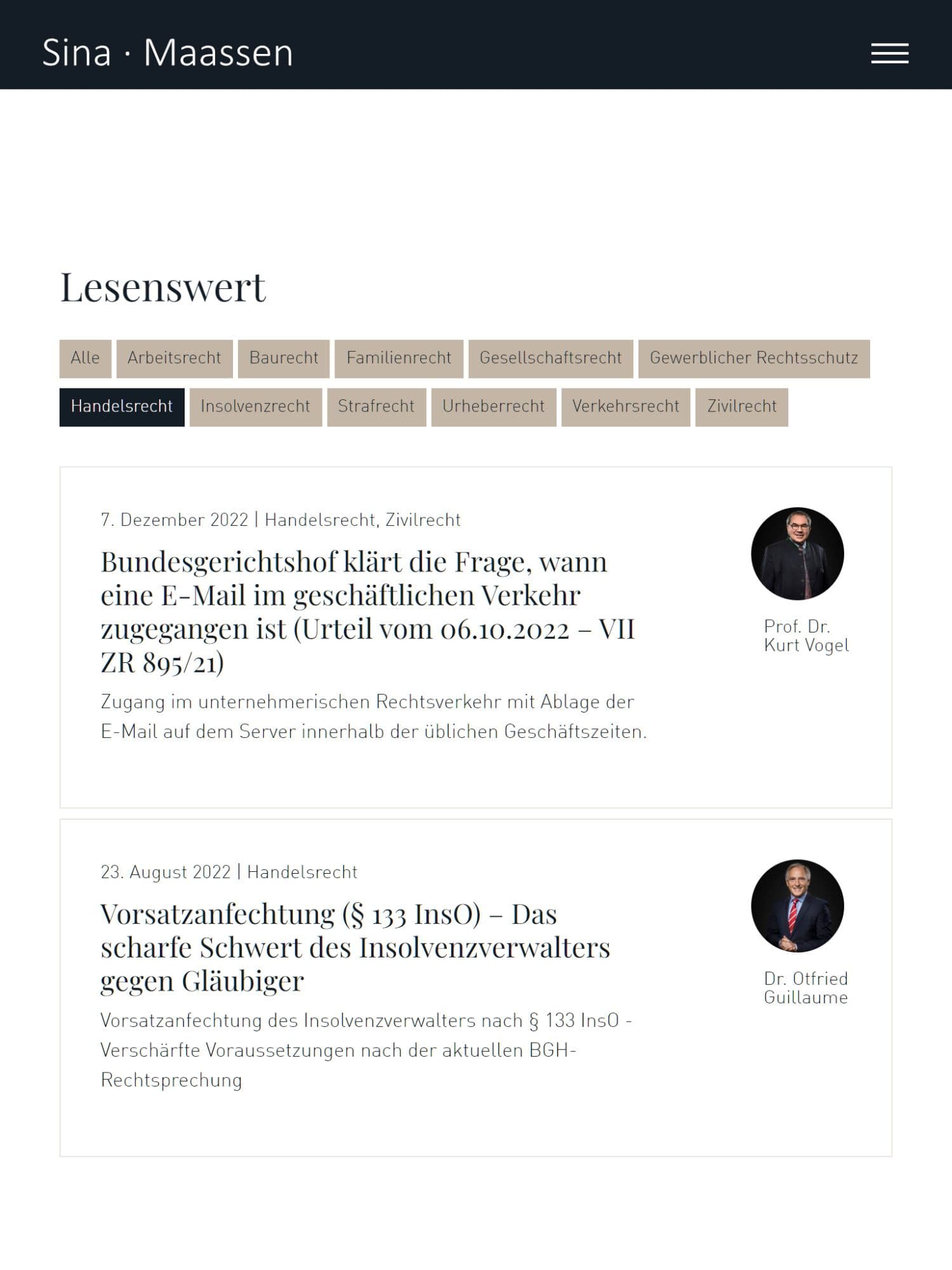 Mobile Ansicht des Blogs der Webdesign-Referenz 'Sina Maassen' als Beispiel für eine klar, einladende Bolgübersicht