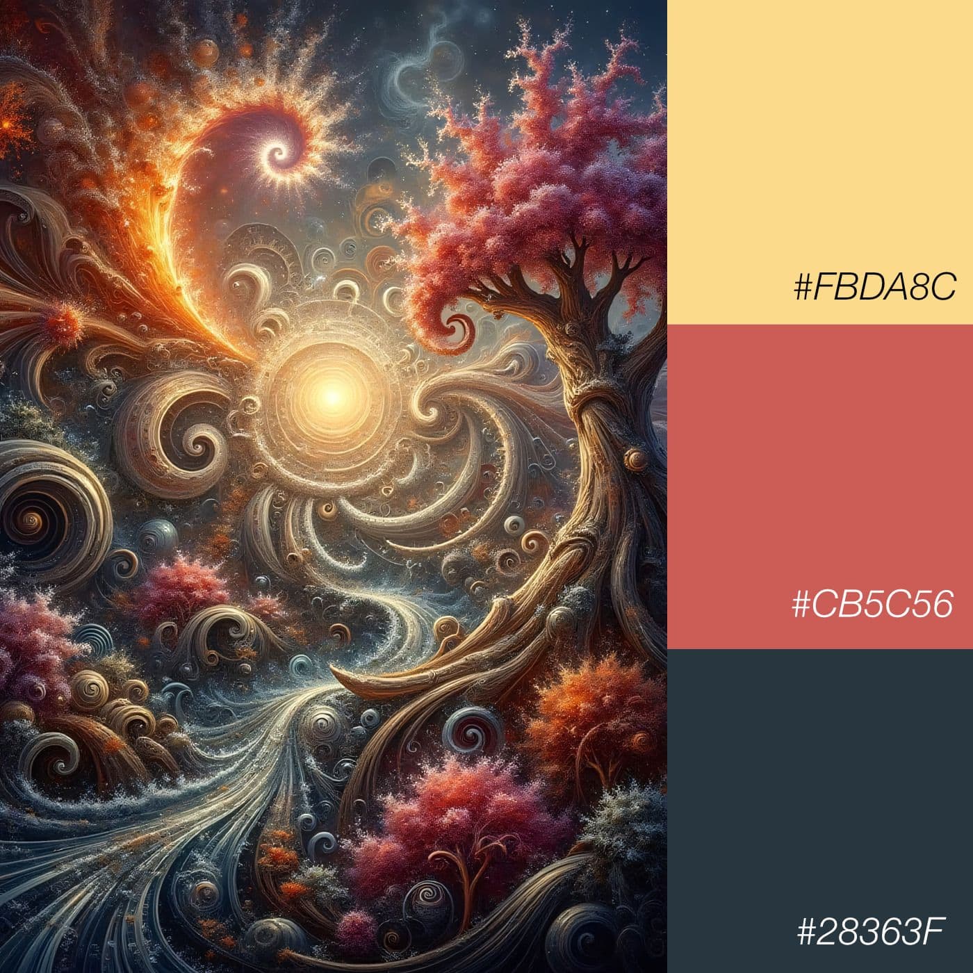 Farbkombination zartes Apricot, warmes Terracotta und tiefes Blaugrün – Dreamy Futurism