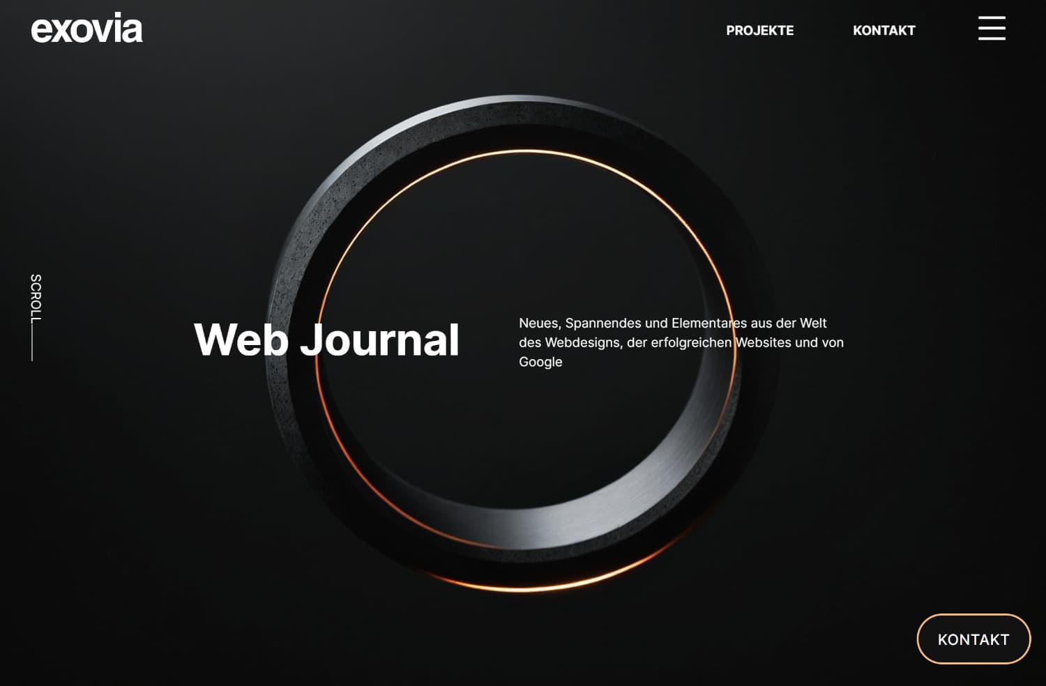 Beispiel für ein modernes Blog-Interface eines Fachmagazins: Dunkles UI-Design (Dark Mode) mit minimalistischer Navigation, einer markanten zentralen 3D-Grafik und klarer Typografie zur Förderung der Lesbarkeit.
