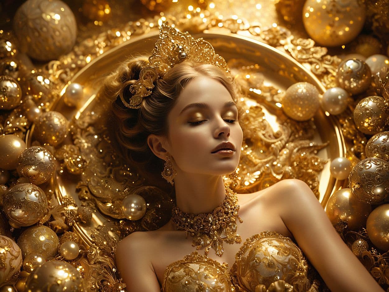 Luxuriöser Surrealismus am Beispiel einer in Gold gekleideten Frau, die in einer goldenen Umgebung schläft
