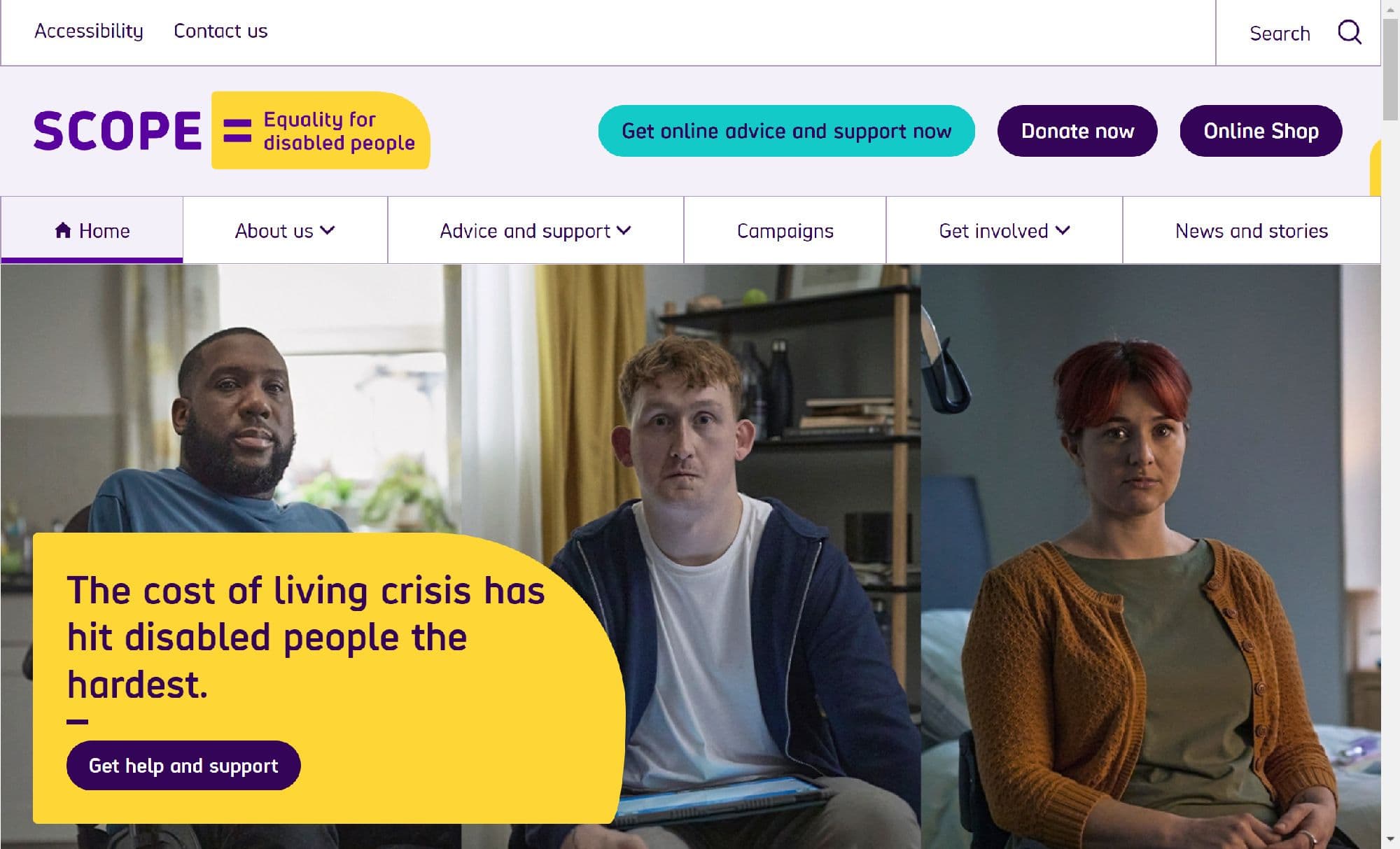Screenshot von www.scope.org.uk . Eine Website mit perfekter Accessibility